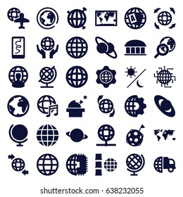 Planet icons set. set of 36 planet filled icons such as observatory, globe, globe and plane, international music, sun and moon, flag on moon, clobe gear, world map