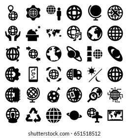 Planet icons set. set of 36 planet filled icons such as globe, plane, globe and plane, international music, recycle, sun and moon, flag on moon, observatory, clobe gear