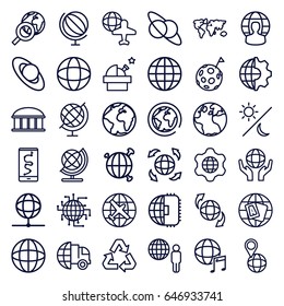 Planet icons set. set of 36 planet outline icons such as globe, plane, observatory, globe and plane, international music, recycle, sun and moon, international delivery