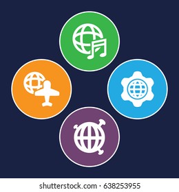 Planet icons set. set of 4 planet filled icons such as globe and plane, international music, globe in gear