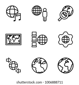 Planet icons. set of 9 editable outline planet icons such as globe, world map, around the globe, planet, international music