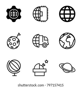 Planet icons. set of 9 editable outline planet icons such as globe in gear, globe, international delivery, observatory