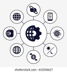 Planet icons set. set of 9 planet filled icons such as qround the globe, globe, sun and moon, clobe gear