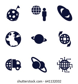 Planet icons set. set of 9 planet filled icons such as globe, qround the globe, globe and man, flag on moon
