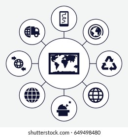Planet icons set. set of 9 planet filled icons such as qround the globe, recycle, globe, observatory, planet, world map, international delivery