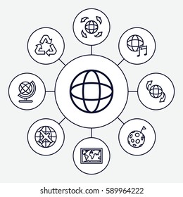 planet icons set. Set of 9 planet outline icons such as plane, globe, qround the globe, international music, recycle, world map