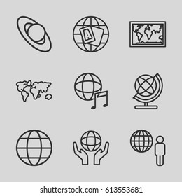 Planet icons set. set of 9 planet outline icons such as globe, holding globe, international music, world map, planet