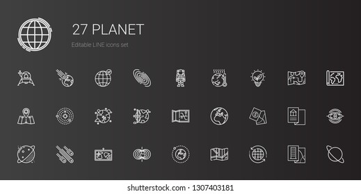 planet icons set. Collection of planet with earth grid, map, earth, magnetic field, meteorites, worldwide, solar system, renewable energy. Editable and scalable planet icons.