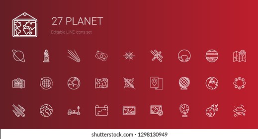 planet icons set. Collection of planet with globe, map, moon rover, planet earth, meteorites, earth globe, mars, earth grid, pluto, space station. Editable and scalable icons.