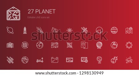 planet icons set. Collection of planet with globe, map, moon rover, planet earth, meteorites, earth globe, mars, earth grid, pluto, space station. Editable and scalable icons.