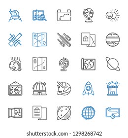 planet icons set. Collection of planet with map, worldwide, observatory, rocket, uranus, globe, global warming, jupiter, meteorites, hubble space telescope. Editable and scalable planet icons.
