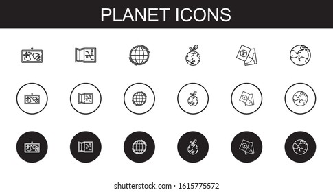 planet icons set. Collection of planet with map, worldwide, planet earth, mars. Editable and scalable icons.