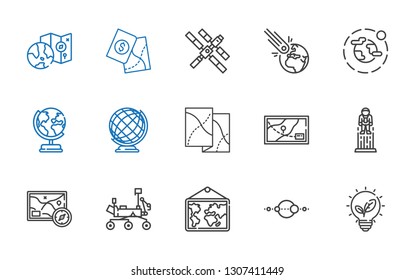 planet icons set. Collection of planet with renewable energy, solar system, map, mars rover, astronaut, earth globe, environment, asteroid. Editable and scalable planet icons.