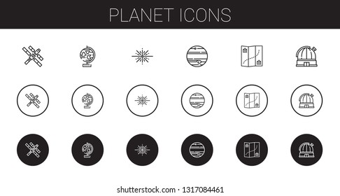 planet icons set. Collection of planet with space station, globe, big bang, jupiter, map, observatory. Editable and scalable planet icons.