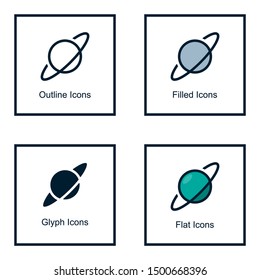 PLANET ICONS WITH SOME KINDS OF STYLES, LINE ICONS, FILLED ICON, GLYPH ICON, AND FLAT ICON