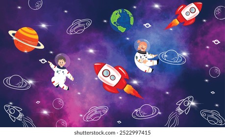 plano de fundo de ilustração do planeta com astronautas. plano de fundo desenhado à mão do espaço exterior. plano de fundo estético da galáxia