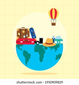 planet illustration with travel suitcases