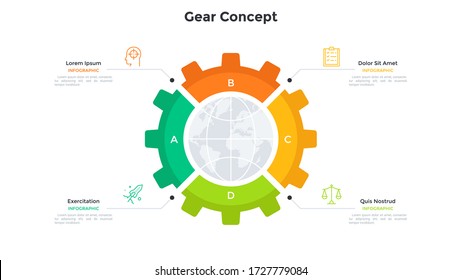 Planet inside gear wheel divided into 4 pieces. Concept of four features of global industry, international industrial company. Simple infographic design template. Modern flat vector illustration.