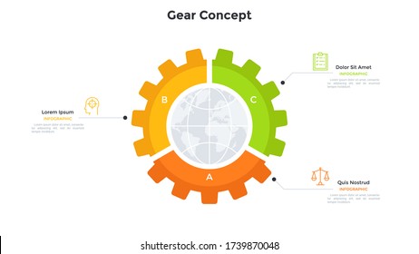 Planet Inside Gear Wheel Divided Into 3 Pieces. Concept Of Three Features Of Global Industry, International Industrial Company. Simple Infographic Design Template. Modern Flat Vector Illustration.