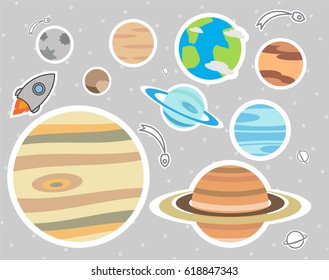 planet isolated flat Children's stickers. white background.  venus, Mercury, earth, mars, jupiter, saturn,neptune, uranus, ufo, spaceship, rocket, satellite