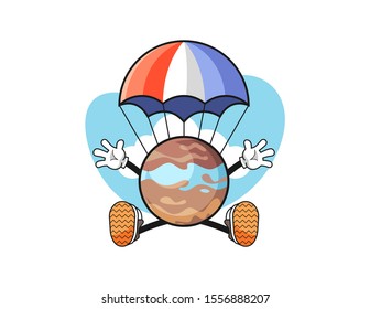 Planet jumping parachute cartoon. Mascot Character vector.
