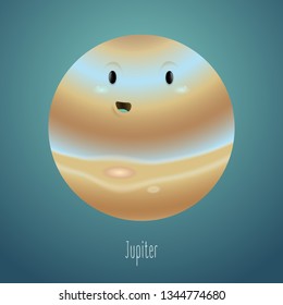 Planet Jupiter in the background of space. Cute funny character