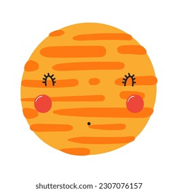 Planet Jupiter with kawaii face funny cute cartoon character illustration. Hand drawn Scandinavian style flat design, isolated vector. Kids print element, astronomy, astrology, celestial body, space