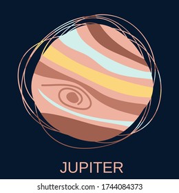 The Planet Jupiter. The largest planet in the Solar system, the fifth most distant from the Sun in the solar system. Vector illustration on dark blue background for design and web.