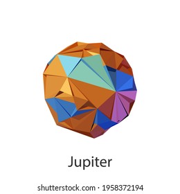 Planet jupiter in the solar system. Vector illustration of abstract planets, stars and craters in space in the style of 3d low poly model objects from a triangle.