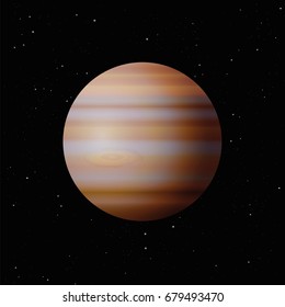 Planet Jupiter with typical great spot - largest planet in the Solar System - vector illustration on starry night galaxy black background.