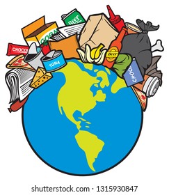 Planet (land) pollution - ecological concept. Pile of garbage on the planet vector illustration.