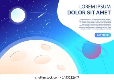 Planet landscape with comets and satellites. Space, galaxy, dark blue sky. Universe concept. Vector illustration can be used for landing or webpage template