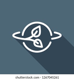 Planet and leaf, eco green energy, outline linear icon. White flat icon with long shadow on blue background