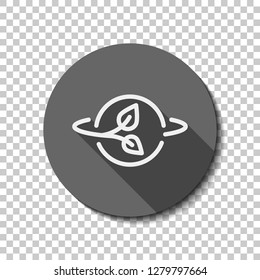Planet and leaf, eco green energy, outline linear icon. flat icon, long shadow, circle, transparent grid. Badge or sticker style