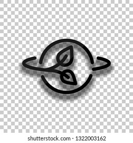 Planet and leaf, eco green energy, outline linear icon. Black glass icon with soft shadow on transparent background