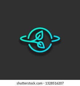 Planet and leaf, eco green energy, outline linear icon. Colorful logo concept with soft shadow on dark background. Icon color of azure ocean