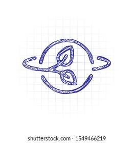 Planet and leaf, eco green energy, outline linear icon. Hand drawn sketched picture with scribble fill. Blue ink. Doodle on white background