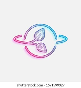 Planet and leaf, eco green energy, outline linear icon. Colored logo with diagonal lines and blue-red gradient. Neon graphic, light effect