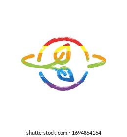 Planet and leaf, eco green energy, outline linear icon. Drawing sign with LGBT style, seven colors of rainbow (red, orange, yellow, green, blue, indigo, violet