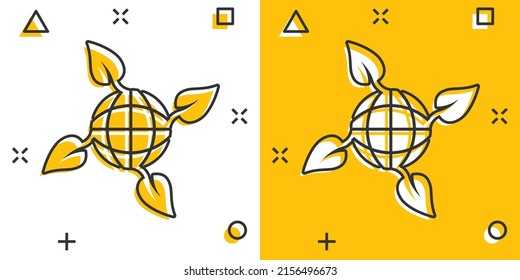 Planet and leaf icon in comic style. World and eco cartoon vector illustration on white isolated background. Globe and organic splash effect business concept.