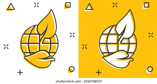 Planet and leaf icon in comic style. World and eco cartoon vector illustration on white isolated background. Globe and organic splash effect business concept.