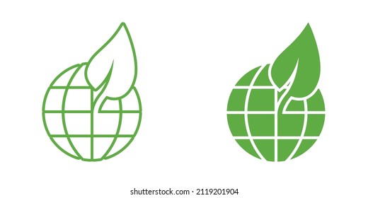 Planet and leaf icon in flat style. World and eco vector illustration on white isolated background. Globe and organic business concept.
