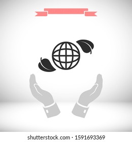 Planet and leaf icon. Vector EPS 10. Planet. sheet. petal. A leaf flies around the earth. ball 10 eps
