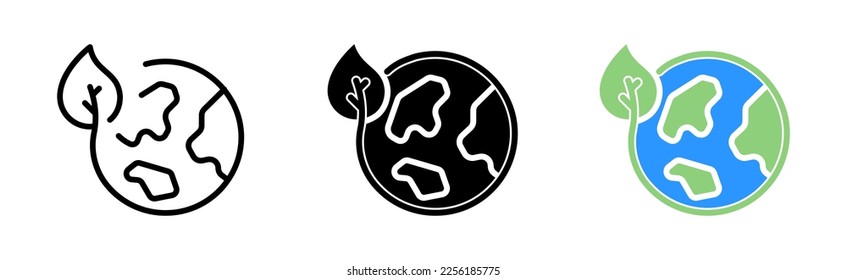 Planet with a leaf set icon. Plants, greenery, ecology, save the planets, environmentally friendly. Green peace concept. Vector icon in line, black and colorful style on white background