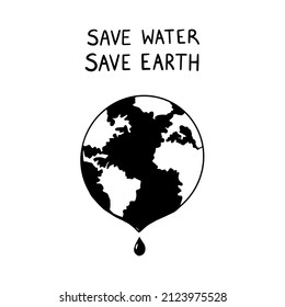 Planeta filtrando silueta con citas Salven agua, Salven la Tierra. Concepto de protección del medio ambiente mundial. Ilustración del calentamiento global de vectores