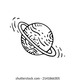 Planet line art. Celestial body with rings. Cosmic matter of the galaxy. Star of the universe. Astronomy. Hand drawn vector doodle illustration. Simple outline element.
