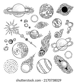 Línea de arte del planeta. Cuerpo celestial. Materia cósmica de la galaxia. Estrella del universo. Astronomía. Ilustración del doodle vector dibujado a mano. Elemento de esquema simple.