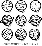 planet line drawing. various planets, earth, venus, moon, saturn, neptune, uranus, mars, jupiter, mercury. outline vector symbol collection. 