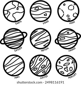 planet line drawing. various planets, earth, venus, moon, saturn, neptune, uranus, mars, jupiter, mercury. outline vector symbol collection. 