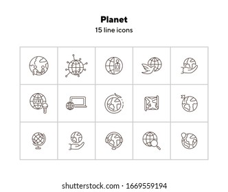 Planet line icon set. TV program, computer, map, globe. World concept. Can be used for topics like travel, broadcasting, news